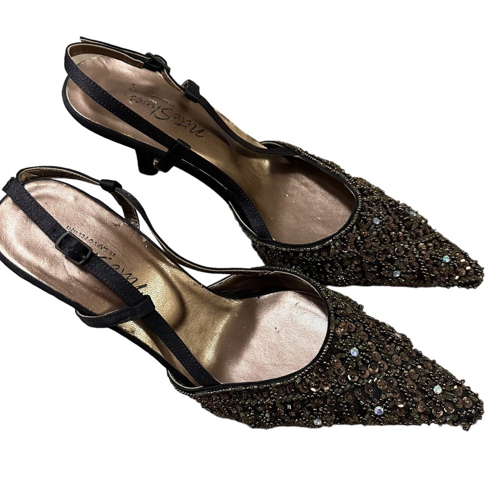 Embellished Pointed Toe Slingback Heels - Black/Bronze